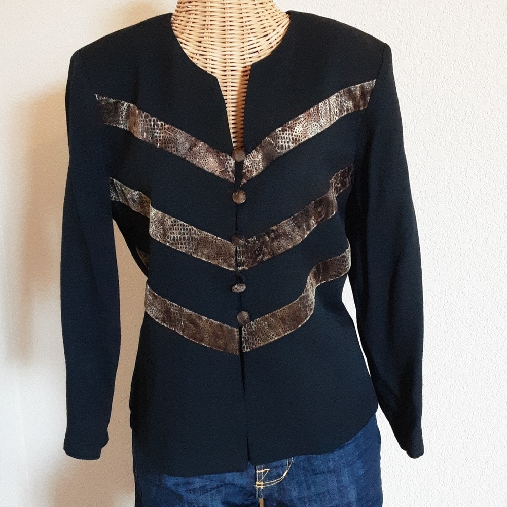 90s Vintage Black Jacket with Animal Print Inserts